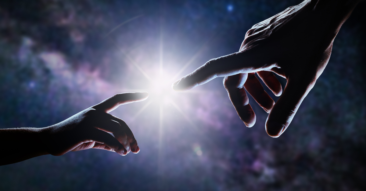 Graphic representation of the Tuatha De Danaan reaching for humanity, depicting two fingers reaching towards one another, reminiscent of Michelangelo's 'The Creation of Adam'.