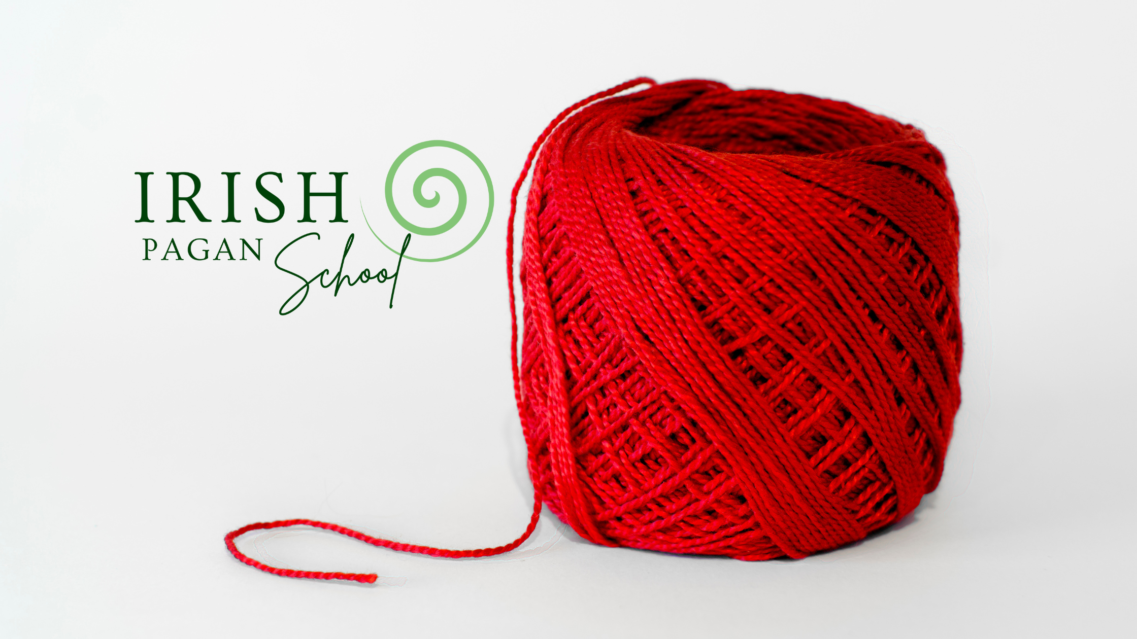 A ball of red thread, symbolizing protection in Irish folk traditions, is placed against a white background. The logo of the Irish Pagan School, featuring a green spiral, is positioned to the left of the thread, blending modern design with ancient symbolism.