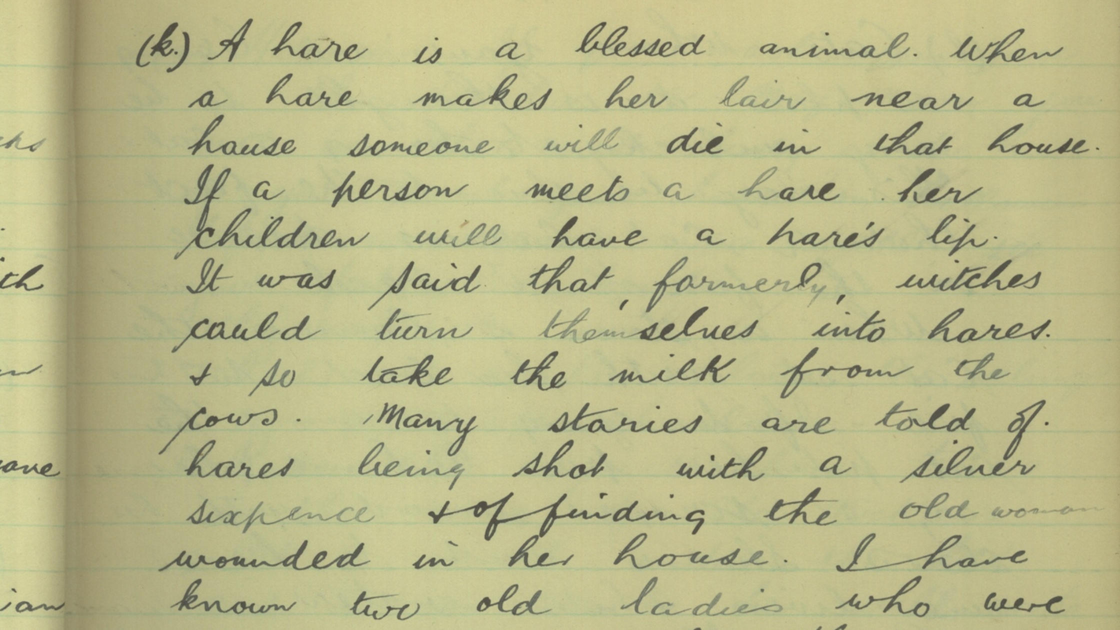 The image shows a handwritten note discussing the hare in Irish folklore, with references to witches and its ominous association. In Irish tradition, the hare was believed to be a mystical creature connected to the supernatural. Witches were thought to transform into hares to steal milk from cows, and a hare making its lair near a house was considered a death omen. The text also mentions a practice where shooting a hare with a silver coin would injure a witch in human form. This folklore connects the hare to themes of transformation, magic, and harvest rituals, particularly around the autumn equinox when the boundaries between worlds were believed to thin. In Irish harvest folklore, the hare symbolised abundance, fertility, and the mysteries of the natural world, often seen as a guardian or trickster at liminal times such as the equinox.