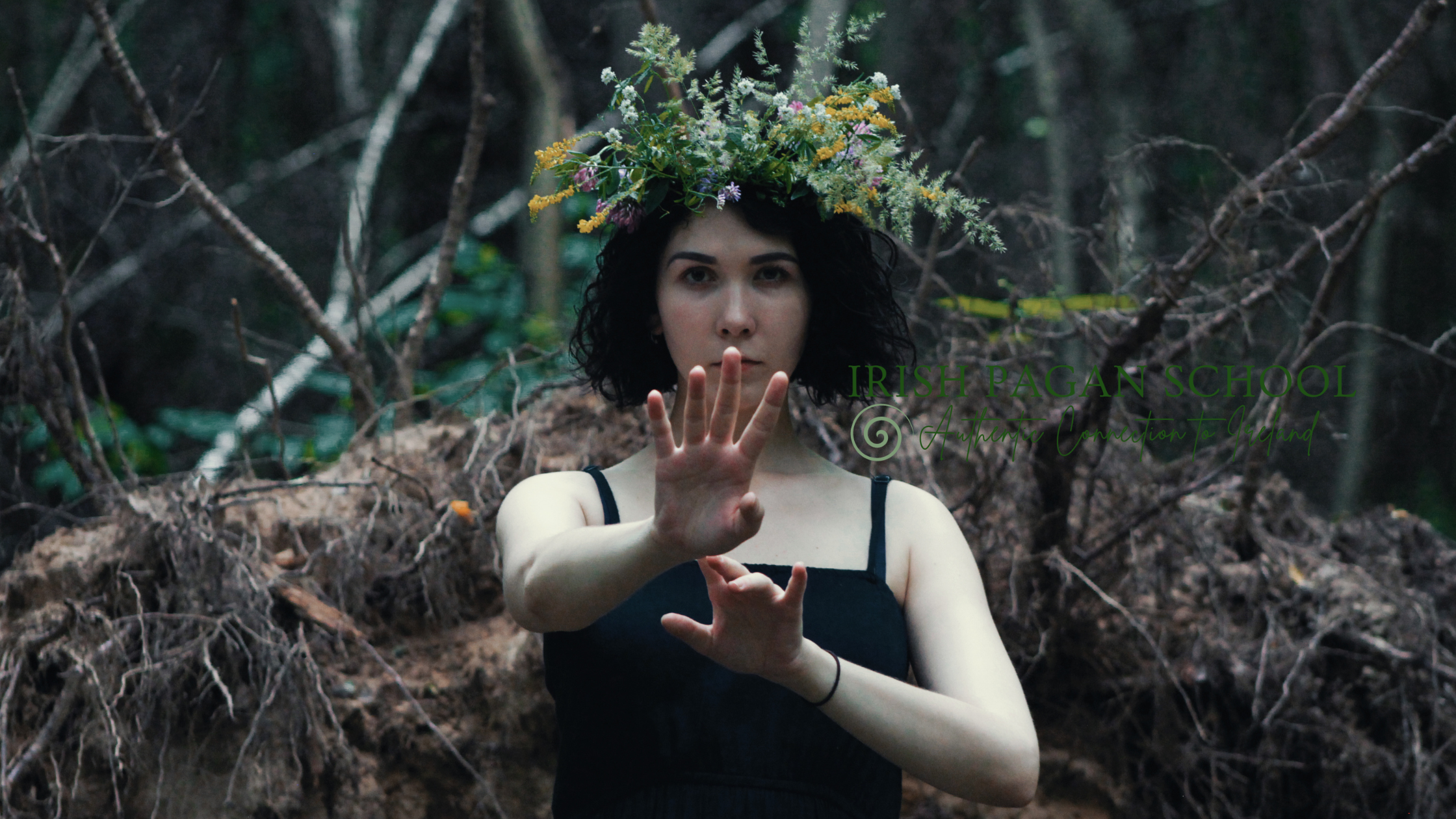 A woman with a floral crown stands in a forest, holding her hands out in a symbolic gesture. The text "Irish Pagan School: Authentic Connection to Ireland" appears beside her. This image reflects nature, spirituality, and the question: "Is Irish Celtic Paganism an Open Practice?"